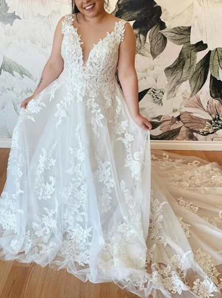 Plus Size Lace Wedding Dress,Plunging Neckline Open Back Bridal Dress,WD00679