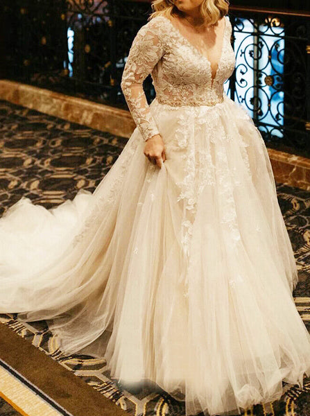 Plus Size Wedding Dress with Long Sleeves,Lace Bridal Gown,WD00681