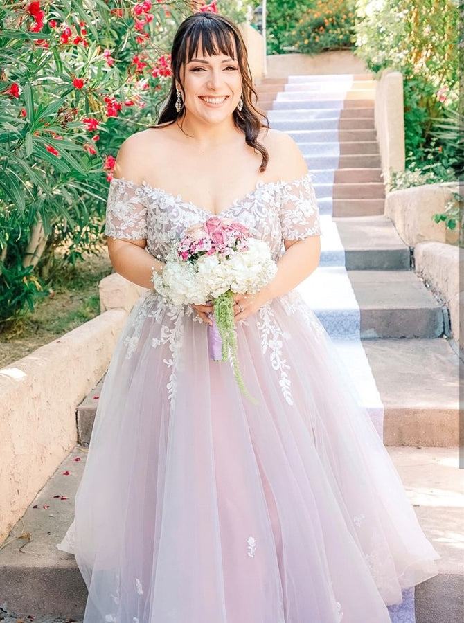 Plus Size Lilac Wedding Gown,Off the Shoulder Tulle Bridal Dress,WD006