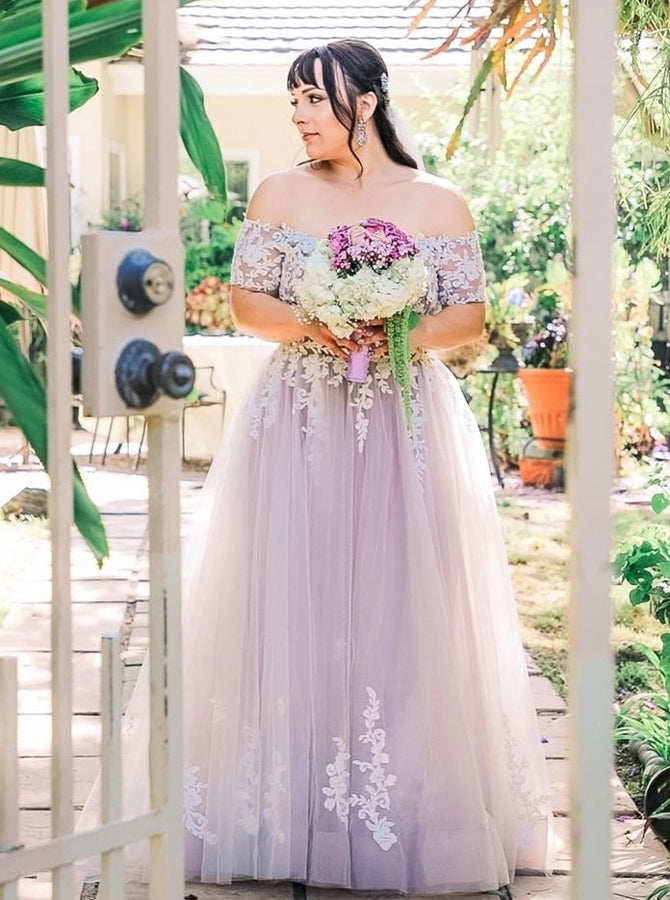 Plus Size Lilac Wedding Gown,Off the Shoulder Tulle Bridal Dress,WD006
