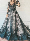 Black Plus Size Wedding Dress,Lace Long Sleeves Bridal Gown,WD00691