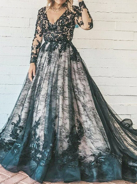 Black Plus Size Wedding Dress,Lace Long Sleeves Bridal Gown,WD00691