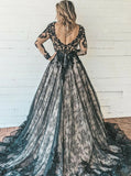 Black Plus Size Wedding Dress,Lace Long Sleeves Bridal Gown,WD00691