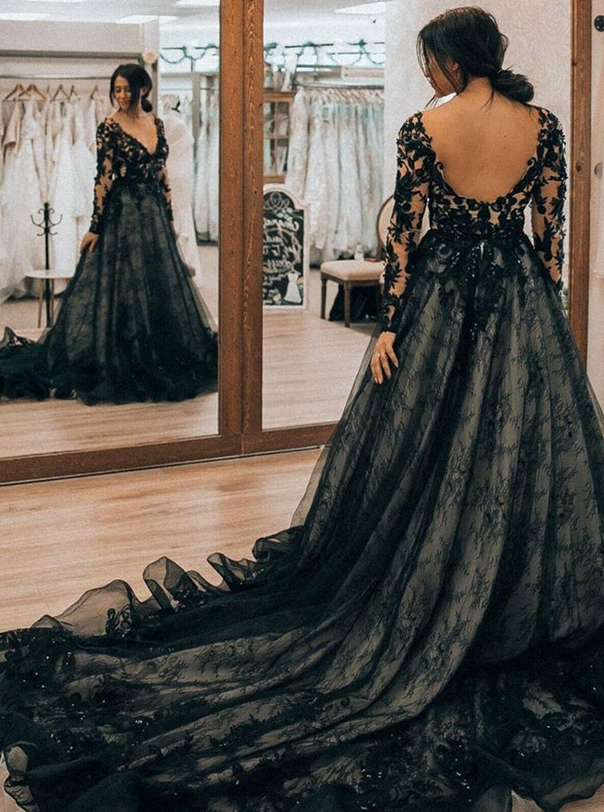 Black Plus Size Wedding Dress,Lace Long Sleeves Bridal Gown,WD00691 - Wishingdress Black Plus Size Wedding Dress,Lace Long Sleeves Bridal Gown,WD00691 - Wishingdress