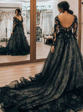 Black Plus Size Wedding Dress,Lace Long Sleeves Bridal Gown,WD00691