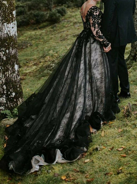 Black Plus Size Wedding Dress,Lace Long Sleeves Bridal Gown,WD00691