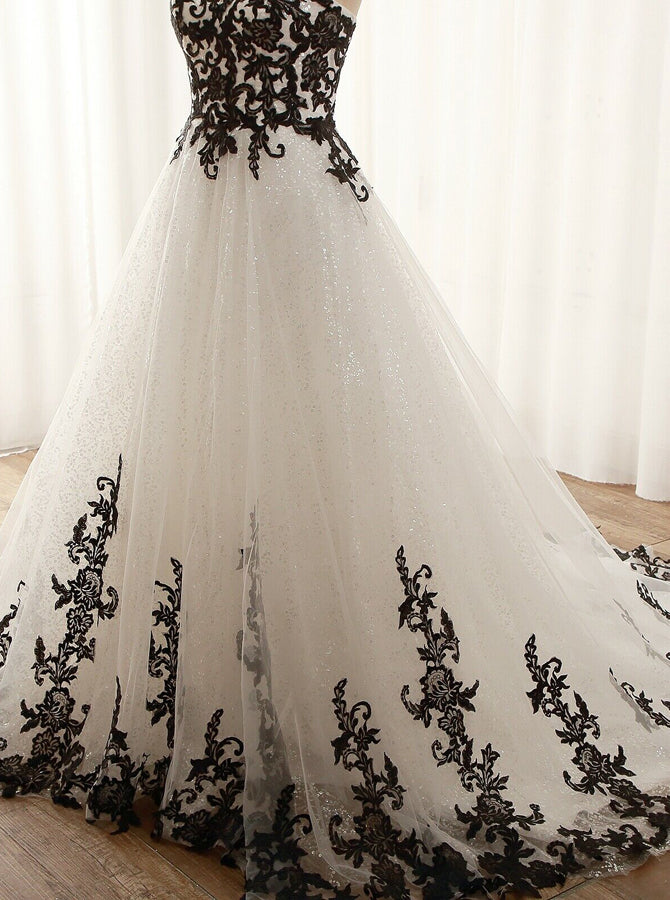 Black White Plus Size Wedding Gown,Sweetheart Neckline Bridal Dress,WD