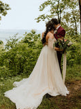 Outdoor Plus Size Wedding Dress,Open Back Bridal Dress with Sleeves Streamers ,WD00694