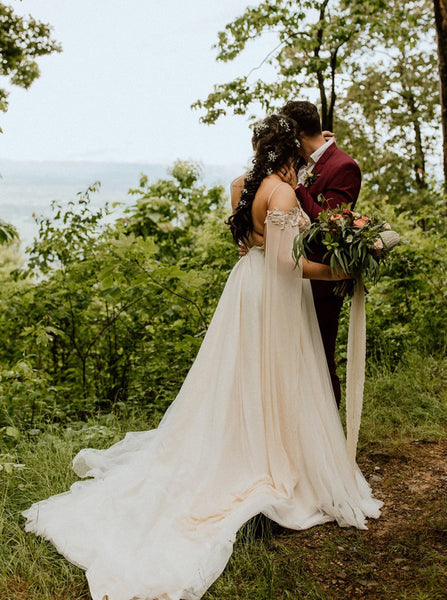 Outdoor Plus Size Wedding Dress,Open Back Bridal Dress with Sleeves Streamers ,WD00694