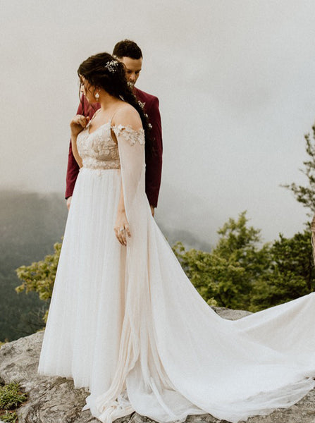 Outdoor Plus Size Wedding Dress,Open Back Bridal Dress with Sleeves Streamers ,WD00694