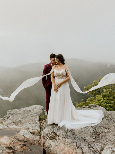 Outdoor Plus Size Wedding Dress,Open Back Bridal Dress with Sleeves Streamers ,WD00694