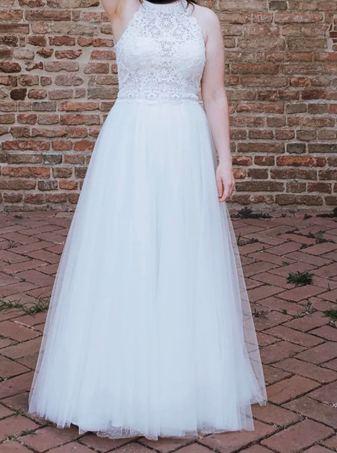 Halter Neckline Plus Size Wedding Dress,Floor Length Tulle Bridal Dress,WD00699 US18W / Champagne