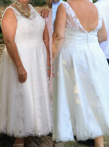 A-line Plus Size Wedding Dress,Tea Length Bridal Dress,WD00700