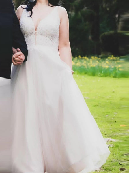 Plunging Neckline Plus Size Wedding Dress,Tulle A-line Bridal Dress,WD00705