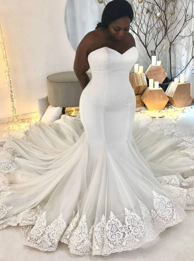 Lace Train Plus Size Wedding Dress,Trumpet Plus Size Bridal Gown,WD007