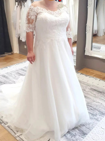 A-line Plus Size Wedding Dress with Sleeves,Illusion Neckline Plus Size Bridal Dress,WD00714