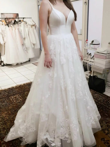 A-line Bridal Dress with Satin Bodice,Spaghetti Strap Wedding Gown,WD00755