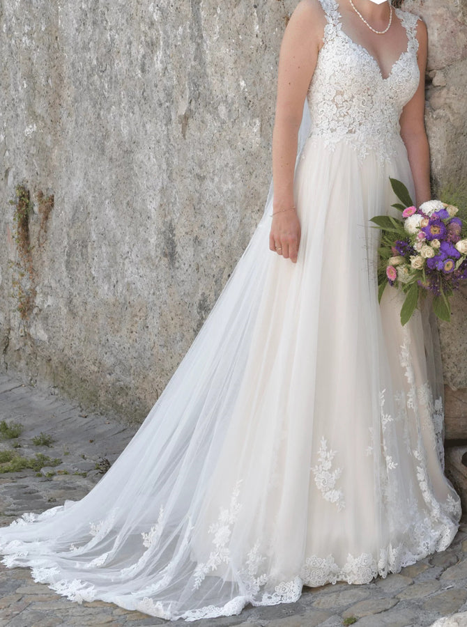Sheer Back Bridal Dress,A-line V Neckline Wedding Dress,WD00760 - Wishingdress Sheer Back Bridal Dress,A-line V Neckline Wedding Dress,WD00760 - Wishingdress