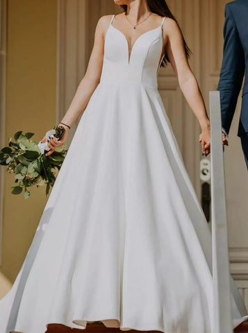 A-line Crepe Bridal Dress,Spaghetti Straps Wedding Gown,WD00764