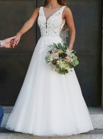 A-line floor length Bridal Dress,Lace Bodice V-Neck Bridal Dress,WD00765