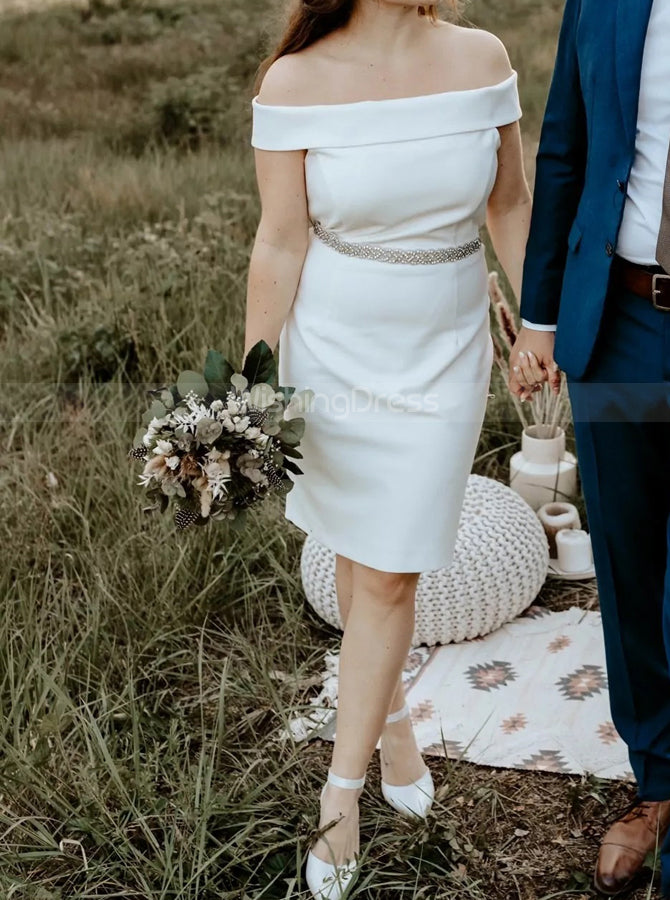 Off the Shoulder Short Wedding Dress,Knee Length Wedding Reception Dre - Wishingdress Off the Shoulder Short Wedding Dress,Knee Length Wedding Reception Dre - Wishingdress