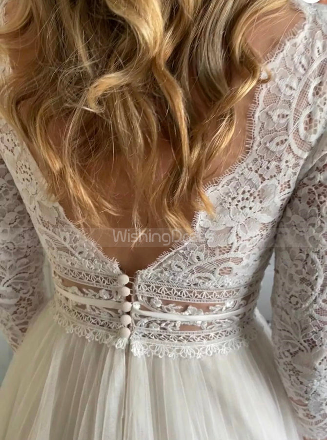 Outdoor Bridal Dress with Illusion Sleeves,Tulle Dress for Engagement - Wishingdress Outdoor Bridal Dress with Illusion Sleeves,Tulle Dress for Engagement - Wishingdress