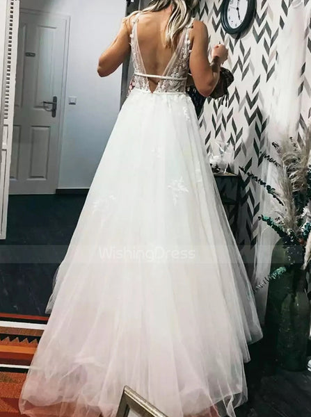 A-line Boho Bridal Dress,Plunging Neckline Bridal Dress,WD00783