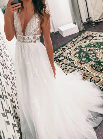 A-line Boho Bridal Dress,Plunging Neckline Bridal Dress,WD00783