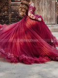 Burgundy Ball Gown Dress,Illusion Long Sleeves Dress for Wedding Photo Shoot,WD00785