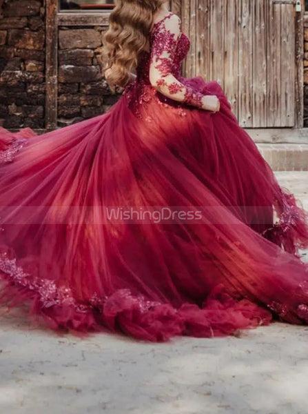 Burgundy Ball Gown Dress,Illusion Long Sleeves Dress for Wedding Photo Shoot,WD00785