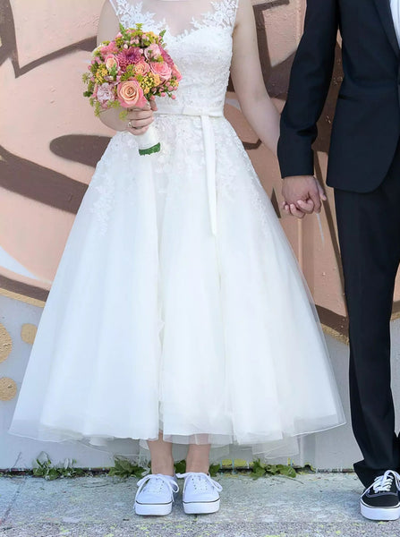 A-line Tea Length Bridal Dress,Outdoor Wedding Dress,WD00786