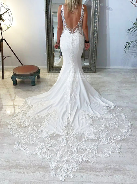 Cutaway Train V-neck Wedding Dress,Fitted Bridal Dress with Slit,WD00796