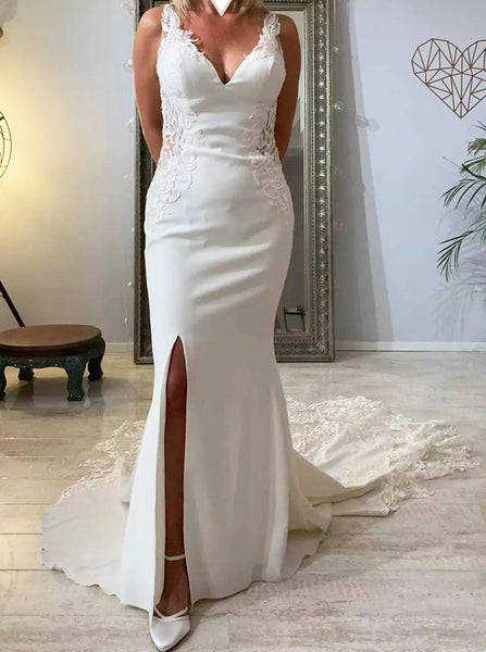 Cutaway Train V-neck Wedding Dress,Fitted Bridal Dress with Slit,WD00796