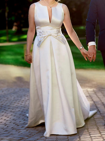 A-line Satin Wedding Dress with Pockets,Plunging Neckline Bridal Dress,WD00804