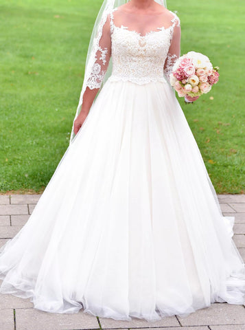 A-line Bridal Dress with Half Length Sleeves,Bateau Neckline Wedding Dress,WD00808