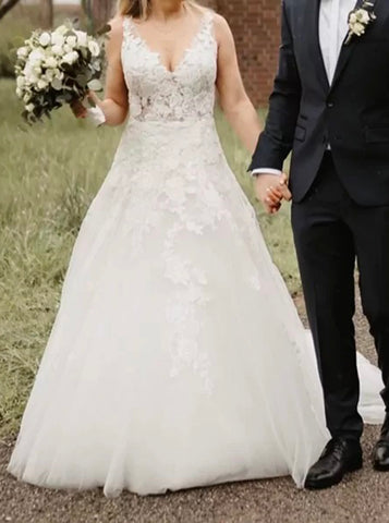 A-line V-neck Wedding Dress,Tulle Bridal Dress,WD00820