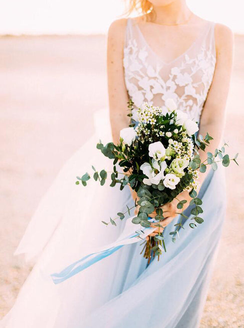 White Over Dusty Blue Beach Wedding Dresses,See Through Casual Bridal - Wishingdress White Over Dusty Blue Beach Wedding Dresses,See Through Casual Bridal - Wishingdress