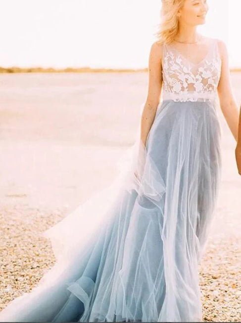 White Over Dusty Blue Beach Wedding Dresses,See Through Casual Bridal Gown,WD00825 US16W / White