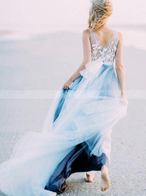White Over Dusty Blue Beach Wedding Dresses,See Through Casual Bridal Gown,WD00825 US16W / White