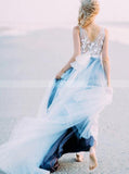 White Over Dusty Blue Beach Wedding Dresses,See Through Casual Bridal Gown,WD00825