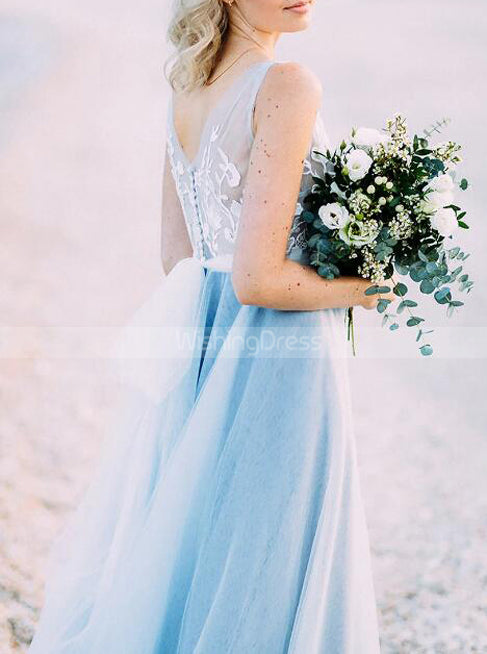 White Over Dusty Blue Beach Wedding Dresses,See Through Casual Bridal - Wishingdress White Over Dusty Blue Beach Wedding Dresses,See Through Casual Bridal - Wishingdress