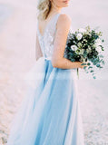 White Over Dusty Blue Beach Wedding Dresses,See Through Casual Bridal Gown,WD00825