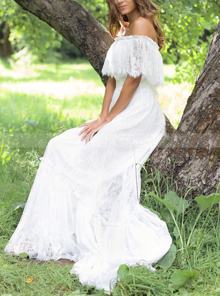 Off the Shoulder Bridal Gown,Boho Destination Lace Wedding Dresses,WD00826