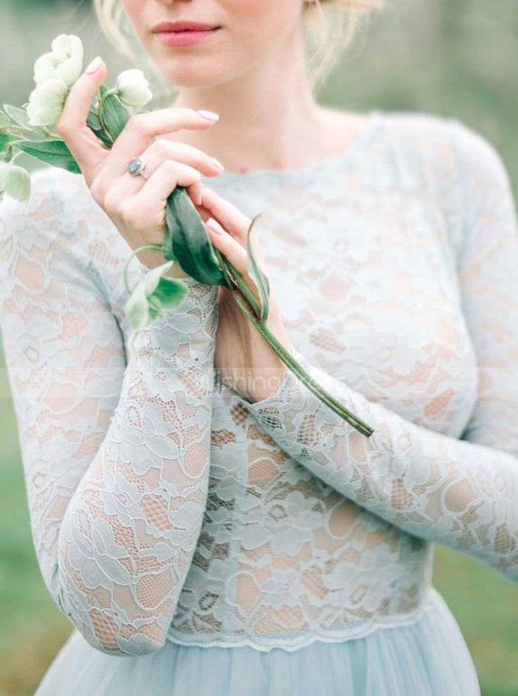 Blue Long Sleeve Bridal Dresses Photo Shoot, A-line Sheer Wedding Dres - Wishingdress Blue Long Sleeve Bridal Dresses Photo Shoot, A-line Sheer Wedding Dres - Wishingdress