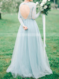 Blue Long Sleeve Bridal Dresses Photo Shoot, A-line Sheer Wedding Dress,WD00827