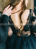 Black Wedding Ballgown Long Sleeves,Luxurious Gown with 3D Floral Appliques,WD00830