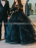 Black Wedding Ballgown Long Sleeves,Luxurious Gown with 3D Floral Appliques,WD00830