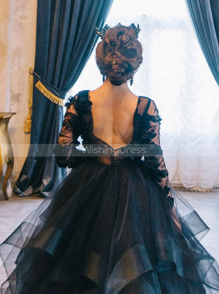 Black Wedding Ballgown Long Sleeves,Luxurious Gown with 3D Floral Appliques,WD00830