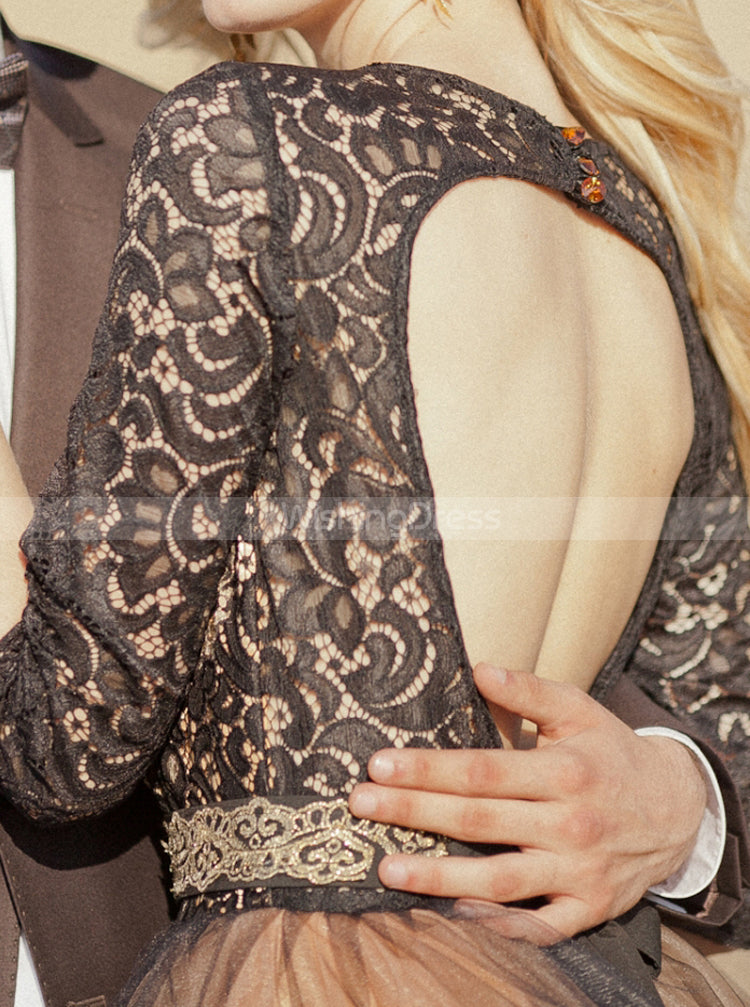 Black Champagne Wedding Dresses with Three-quarter Sleeves,Destination