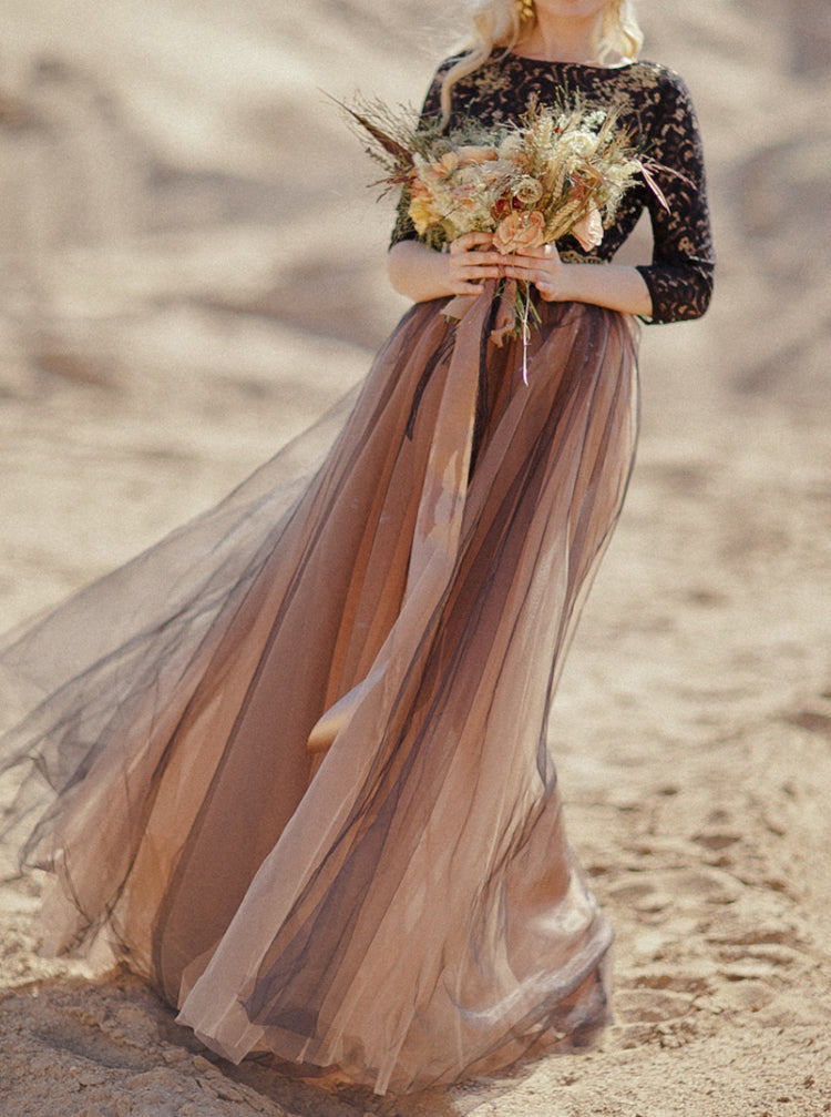 Black Champagne Wedding Dresses with Three-quarter Sleeves,Destination